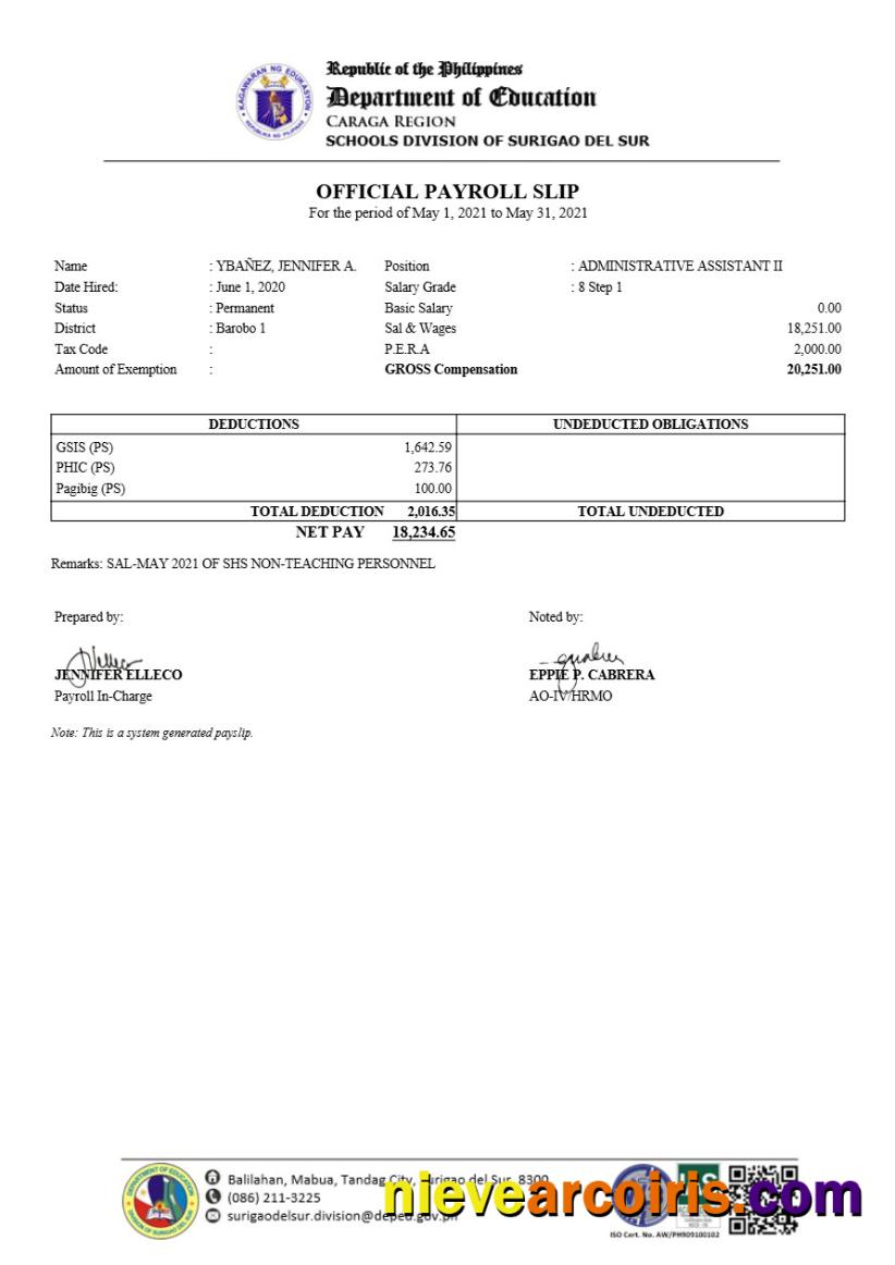 Philippines Schools Division of Surigao Del Sur payroll slip